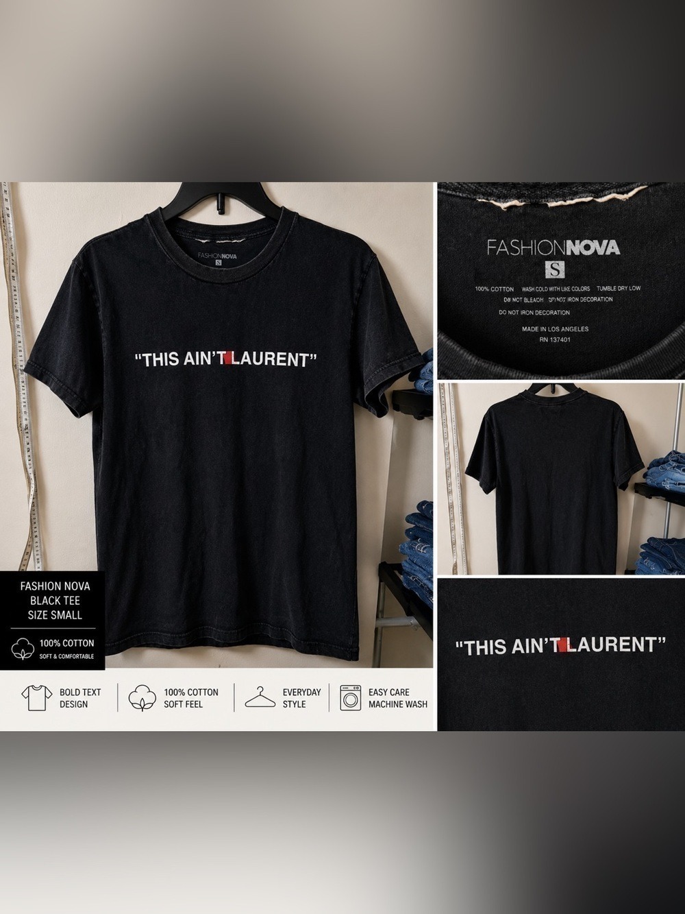 Fashion Nova “This Ain’t Laurent” Graphic Tee Black Short Sleeve T-Shirt Small